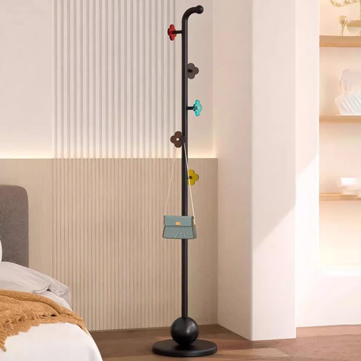 GIZNXBA Garderobenständer Schwarz Mit Stabilem Sockel, Freistehender Standgarderobe Metall Mit 6 Haken Zum Aufhängen Von Schal, Tasche, Jacke, Mantel, Kleiderständer Für Eingang, Flur(/Ivory)