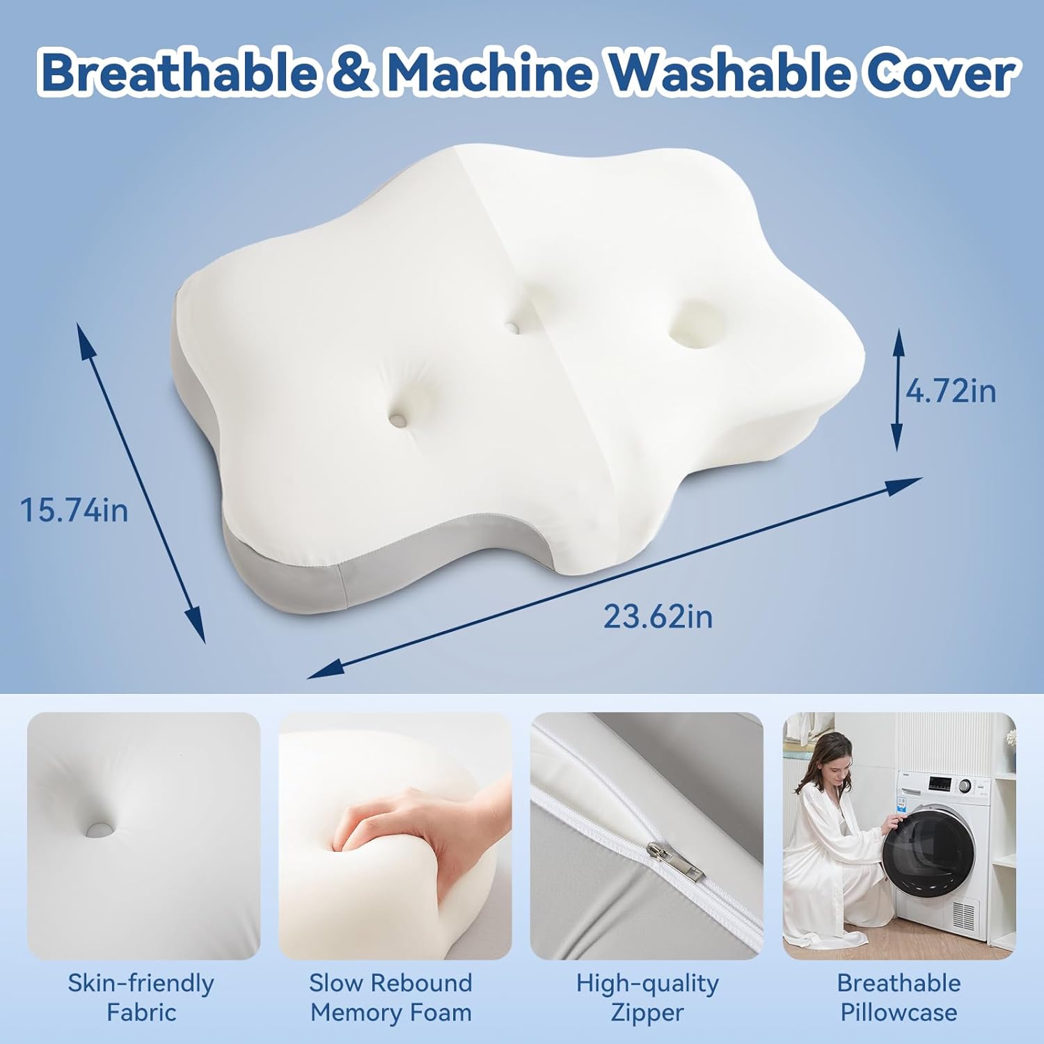 Cervical Neck Pillow, Ergonomic Memory Foam Contour Pillow with Dual Ear Relief Zones, Neck Support Pillow for Side, Back and Stomach Sleepers