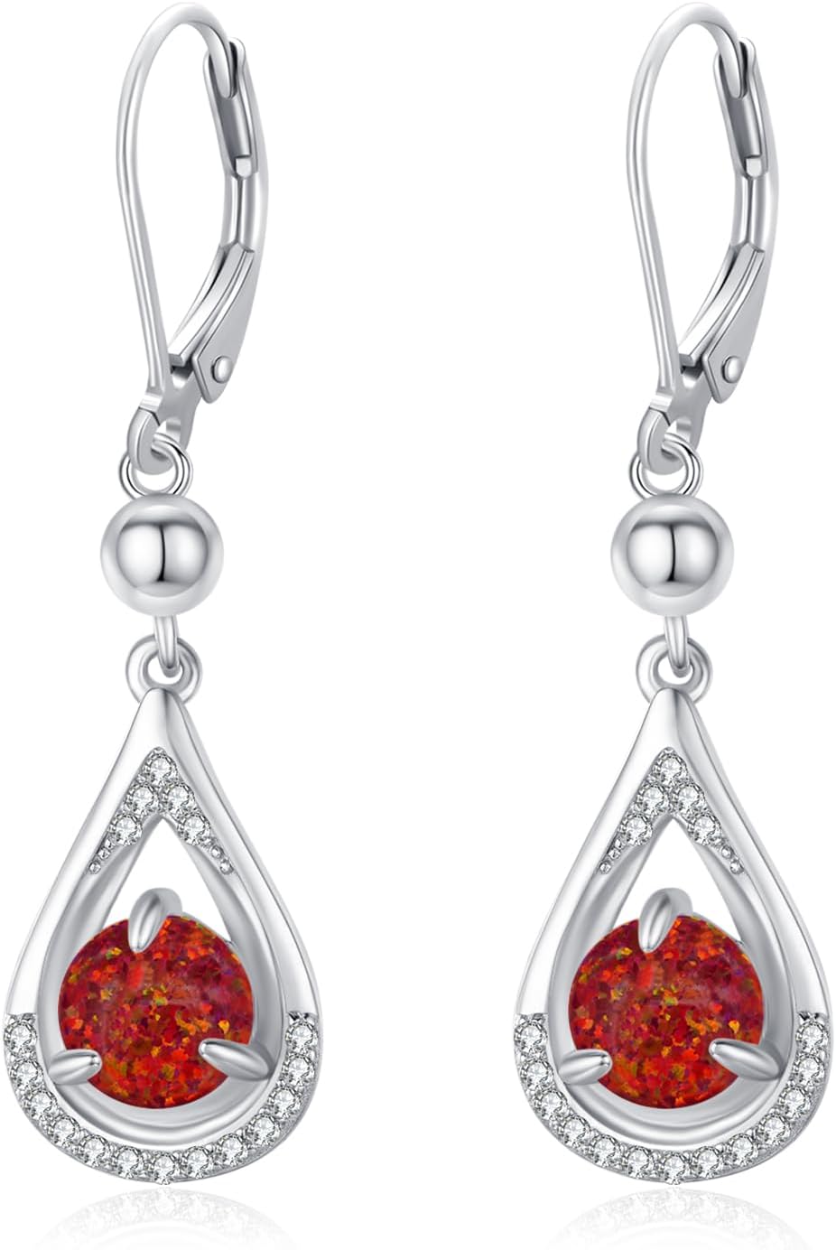 KINGWHYTE Opal Dangle Earrings Drop Birthstone Earrings 925 Sterling Silver Leverback Earring 14K White Gold Birthday Anniversary Fine Jewelry for Women Girls