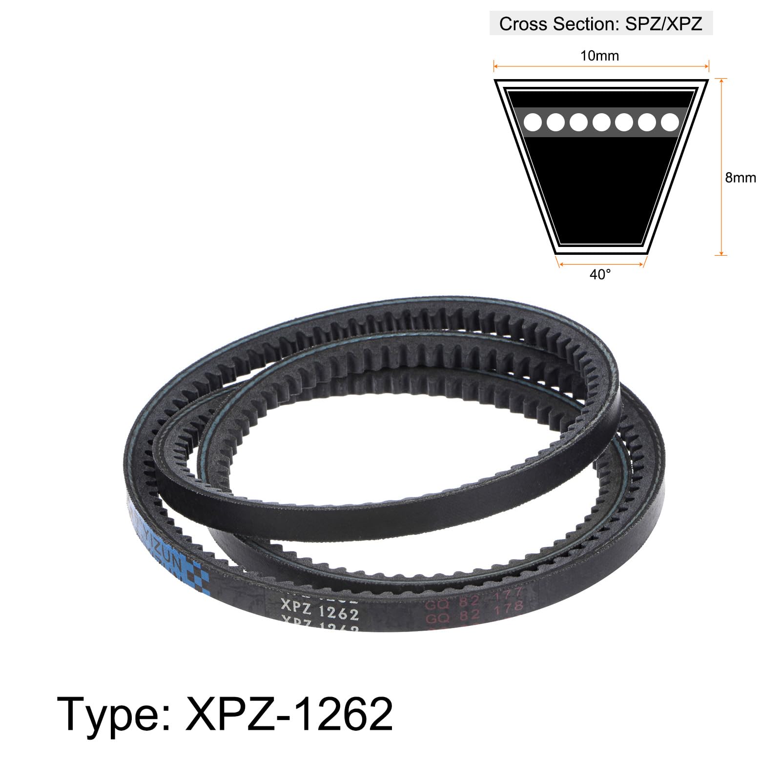 sourcing map Courroie d'entraînement XPZ-1262 V-Belts 1262 mm de circonférence 10 mm de largeur 8 mm de hauteur en caoutchouc pour transmission de puissance