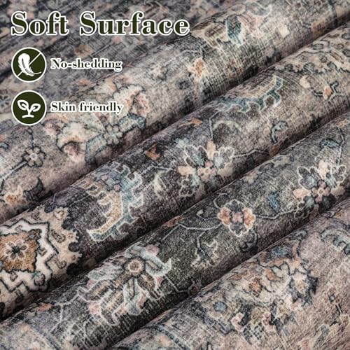 GarveeHome Area Rugs 4x6 Vintage Printed Floor Carpet with Non-Slip Backing, Stain-Resistant Oriental Throw Rugs, Washable Farmhouse Low Pile Rugs for Living Room, Bedroom, Office, Green Camel