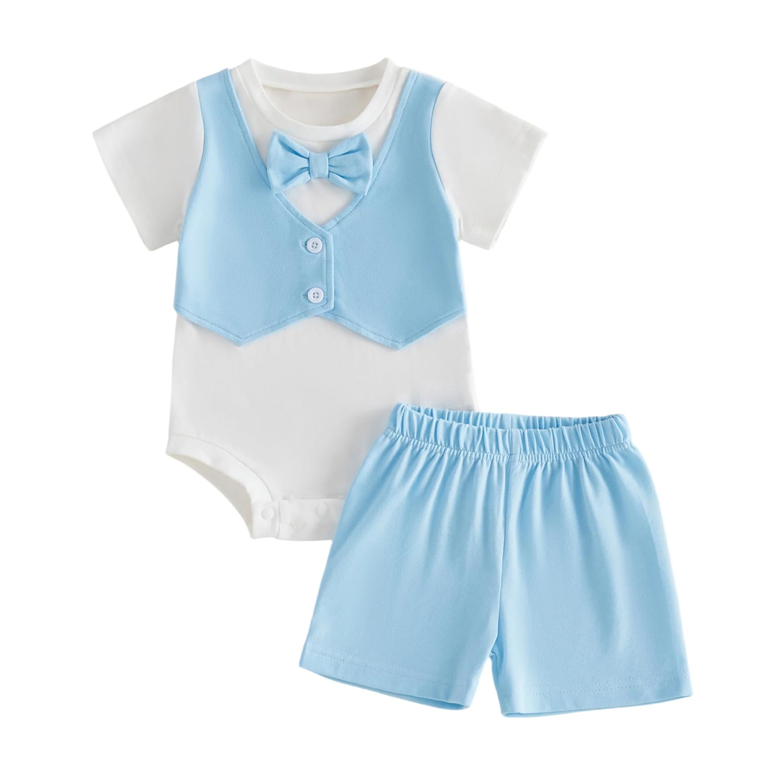 Newborn Baby Boy Dress Clothes Bowtie Short Sleeve Romper Fake Two Piece Bodysuit Shorts Set Suit Summer Outfit