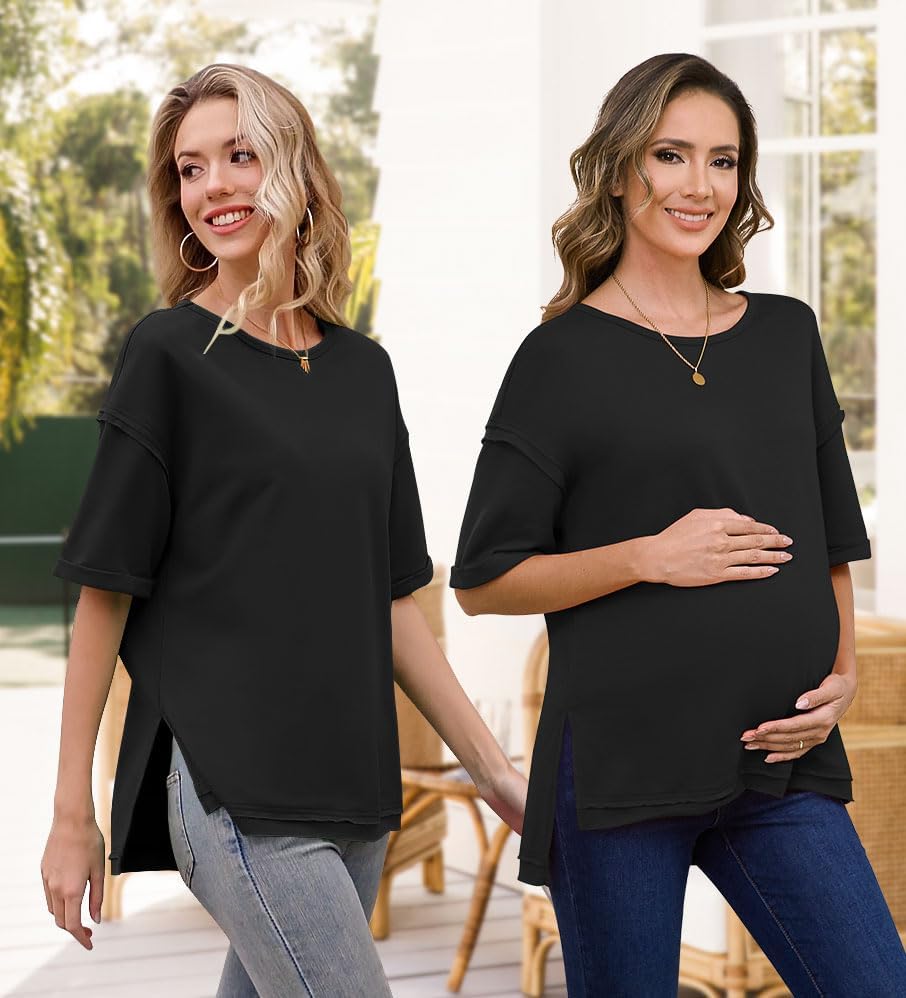RUBZOOF Women's Oversized T Shirts Short Sleeve Side Split Tops Casual Shirts Tunic Maternity Mama Clothes - Image 2