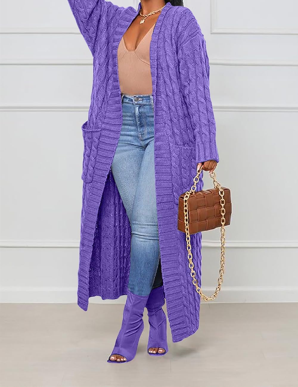 A ADILACA Women's Thin Type Stylish Cable Knit Cardigan with 2-Pockets, Women's Extra Long Ankle Length Sweater - Image 5