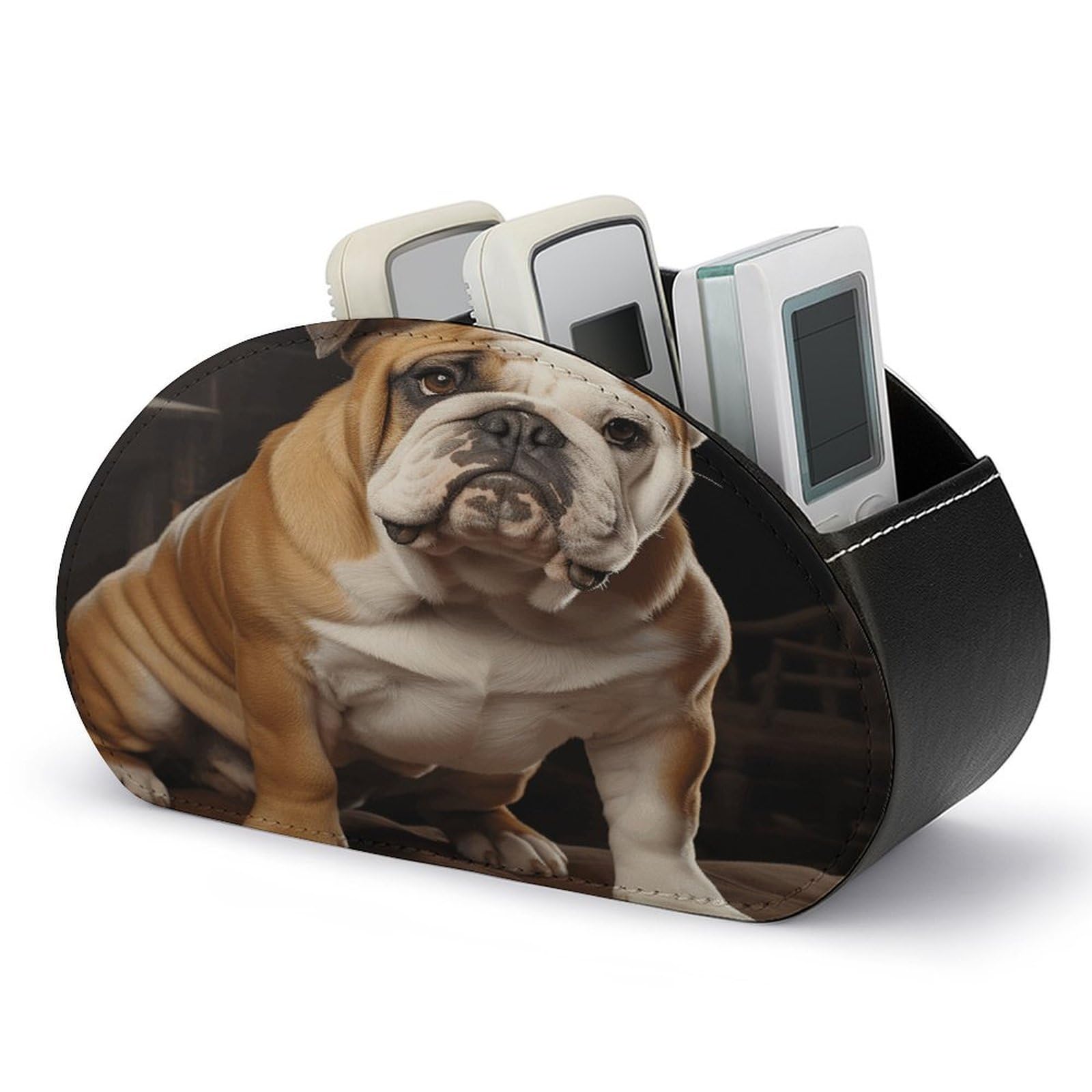 VstaDank English-Bulldog Remote Control Holder Farmhouse TV Media Remote Storage Box with 5 Compartments PU Leather Remote Caddy Desktop Organizer for Home Bedside Table Organizer