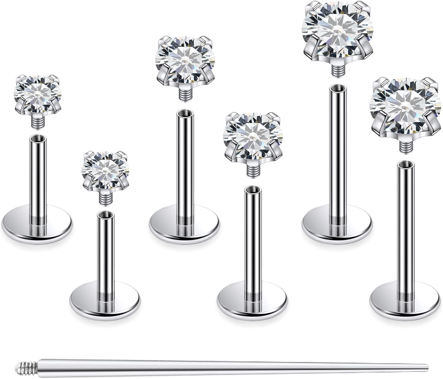 Oufksiyy 20G 18G 16G Internal Thread Flat Back Earrings Studs F136 Titanium Nose Nose Stud Tragus Cartilage Lip Medusa Piercing Jewelry Hypoallergenic Taper Needles Cubic Zirconia 6mm 7mm 8mm