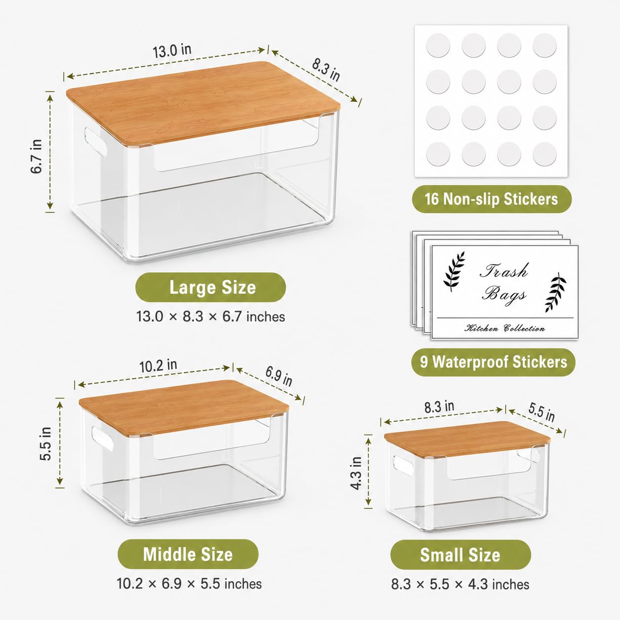 Paquete de 3 dispensadores de bolsas de basura con tapa, dispensador de bolsas de basura de plástico apilable extra grande debajo del fregadero para cocina, despensa, lavandería, organizador