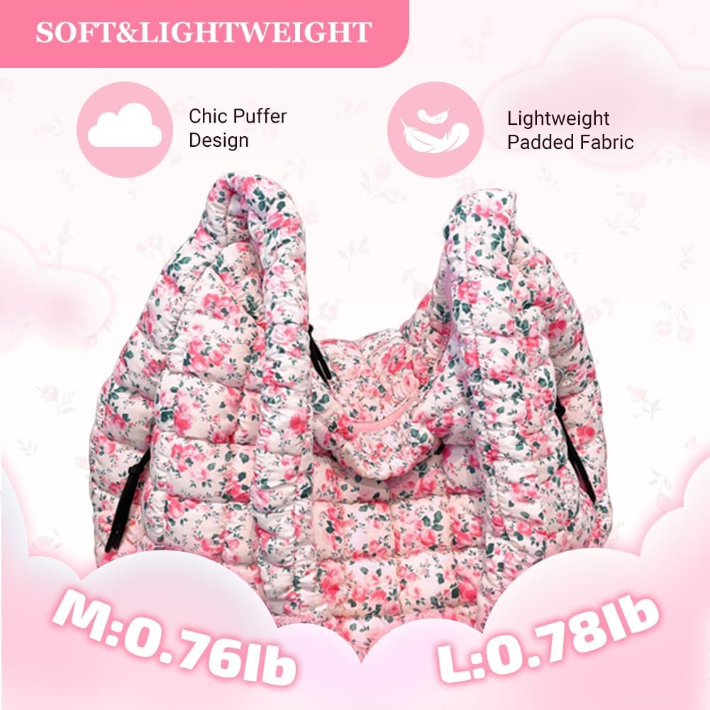 Women Quilted Puffer Bubble Tote Bag Large Hobo Handbag Shoulder Bag (Pink)