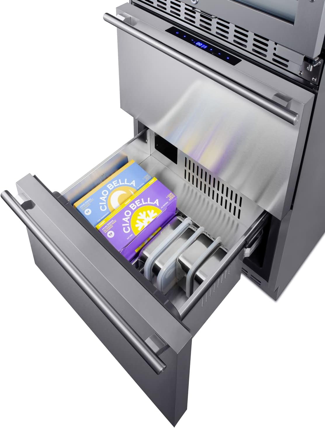 Summit Appliance SWCDRF24 24" Wide Combination Dual-Zone Wine Cellar and 2-Drawer Refrigerator-Freezer, 3.9 cu.ft Refrigerator Capacity, up to 46 bottles, LED Lighting, Digital Controls