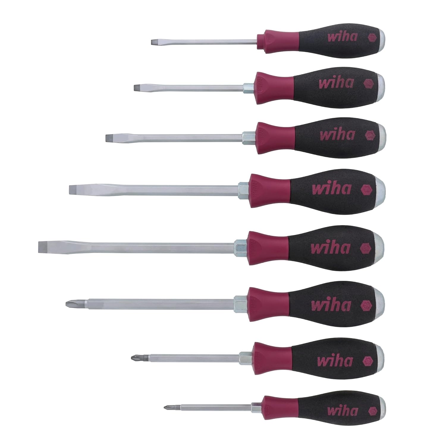 Wiha 53398 Screwdriver Set, Slotted And Phillips, Heavy Duty MicroFinish Handle, 8 Piece
