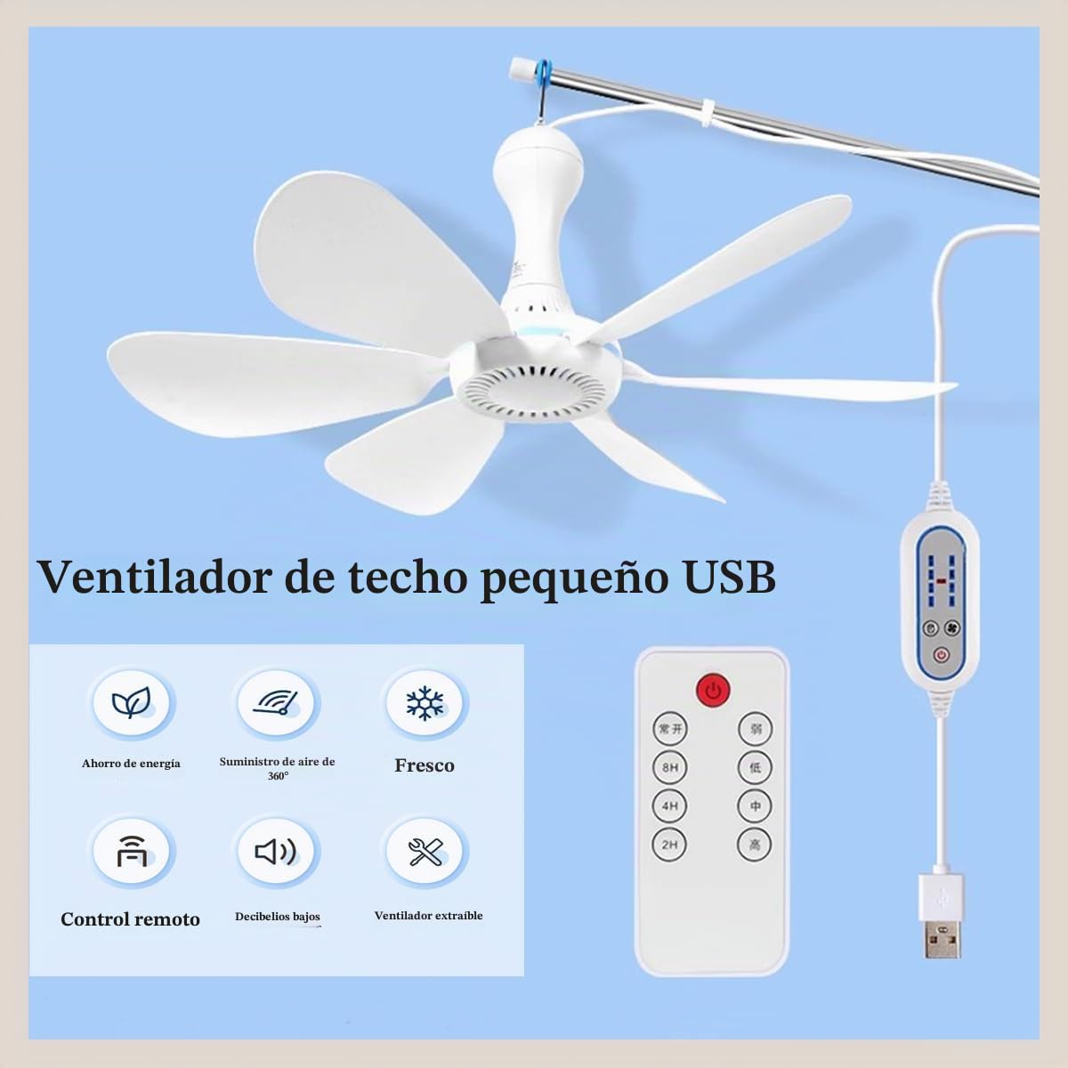 Mini ventilador de techo portátil, 4 niveles de viento, alimentado por USB, diámetro 42 cm, 5 W (mando a distancia)