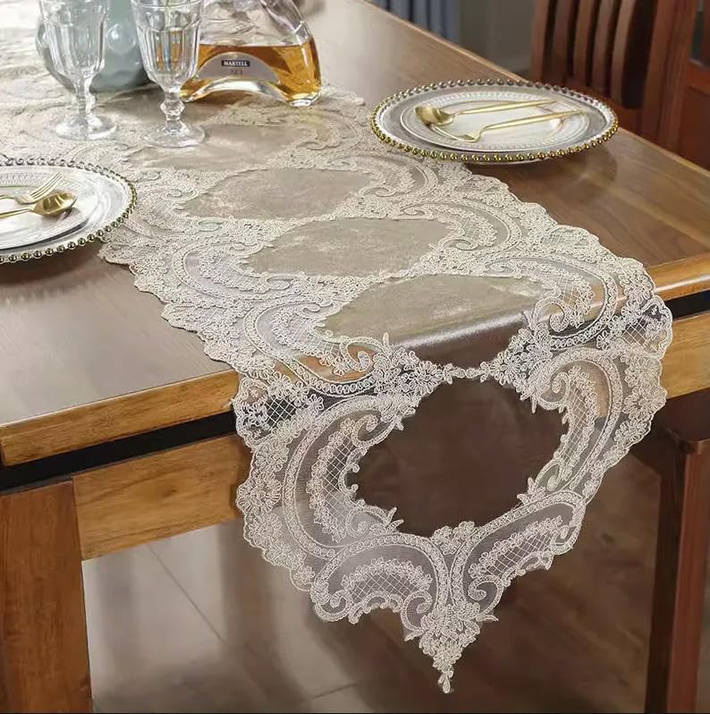 Chemin de table Runne en mousseline de soie - Chemin de table en dentelle pelucheuse - Nappe pour meuble TV - Tissu brodé - Drapeau de table basse - Décoration de mariage - Blanc