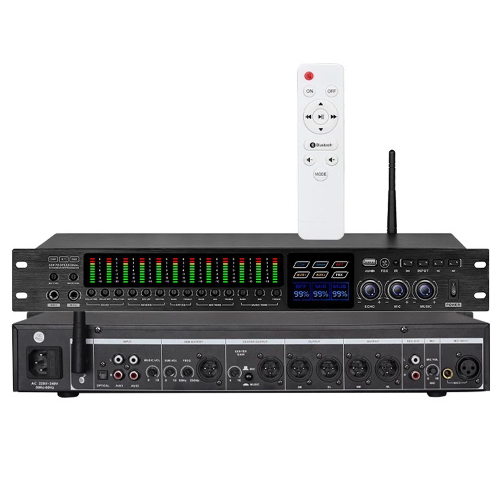 Efector Digital De Preamplificador KTV, Procesador De Audio Anti-silbidos, con Pantalla De Espectro, Control Remoto, Compatible con Reproducción USB, MP3 Y Bluetooth