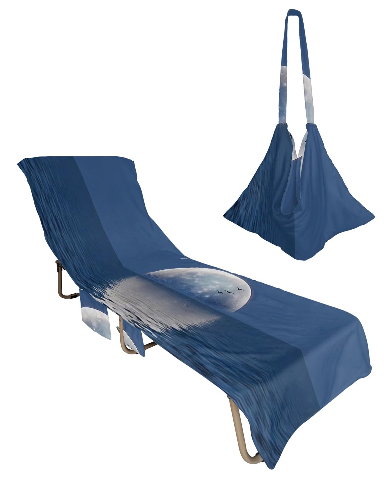 Ocean Moon, Beach Lounge Chair Towel Cover, Soft Chaise Lounge Towel with Side Pockets Patio Pool Chairs Cover for Beach/Pool Sunbathing 29x85 Blue Sea Seabirds Nautical Classic Scenery