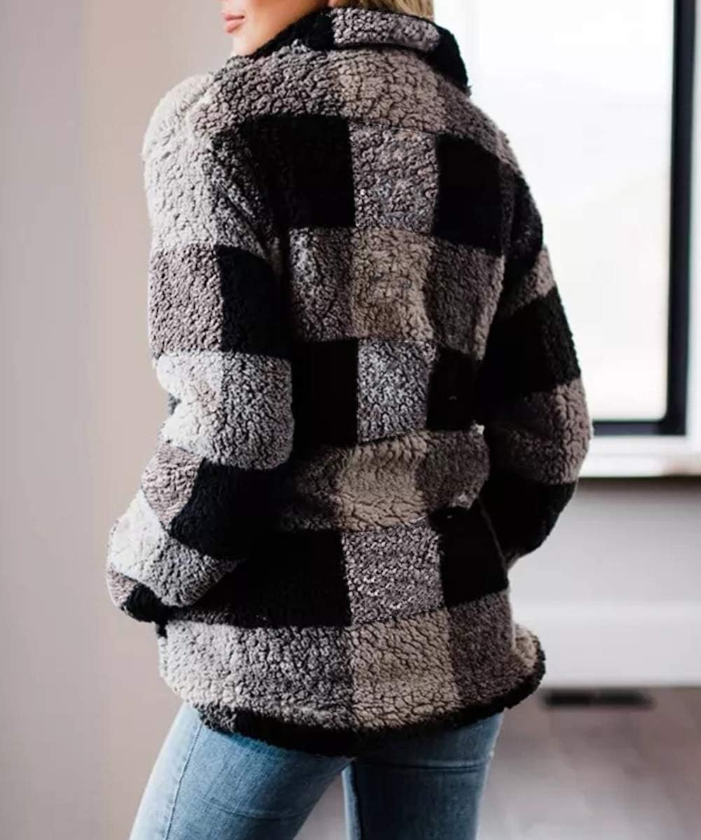 ZESICA Women's Plaid Long Sleeve Zipper Sherpa Fleece Sweatshirt Pullover Jacket Coat with Pockets - Image 4