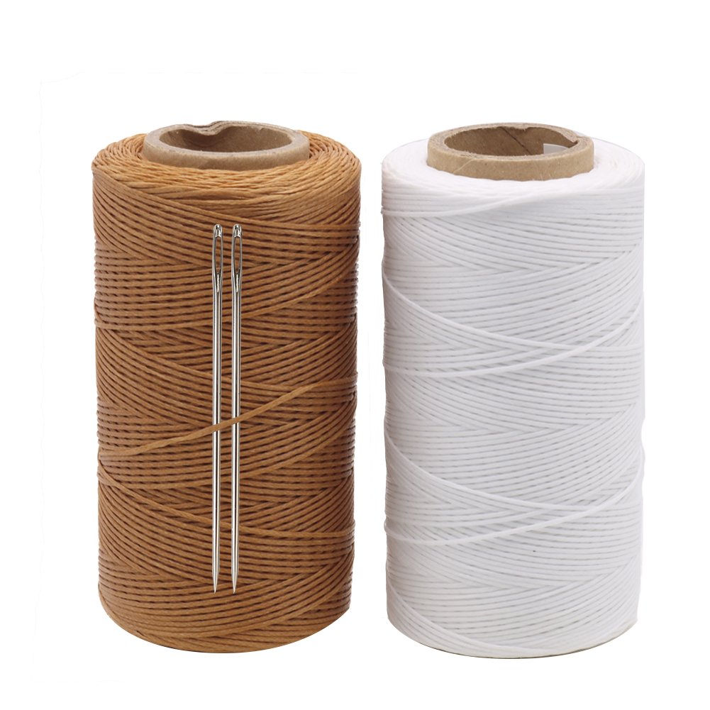 tenn well1MM Leather Sewing Thread, 2 Roll x 284 Yards 150D Waxed Thread Sail Kit with Needle for Leather DIY Projects (Brown, White)