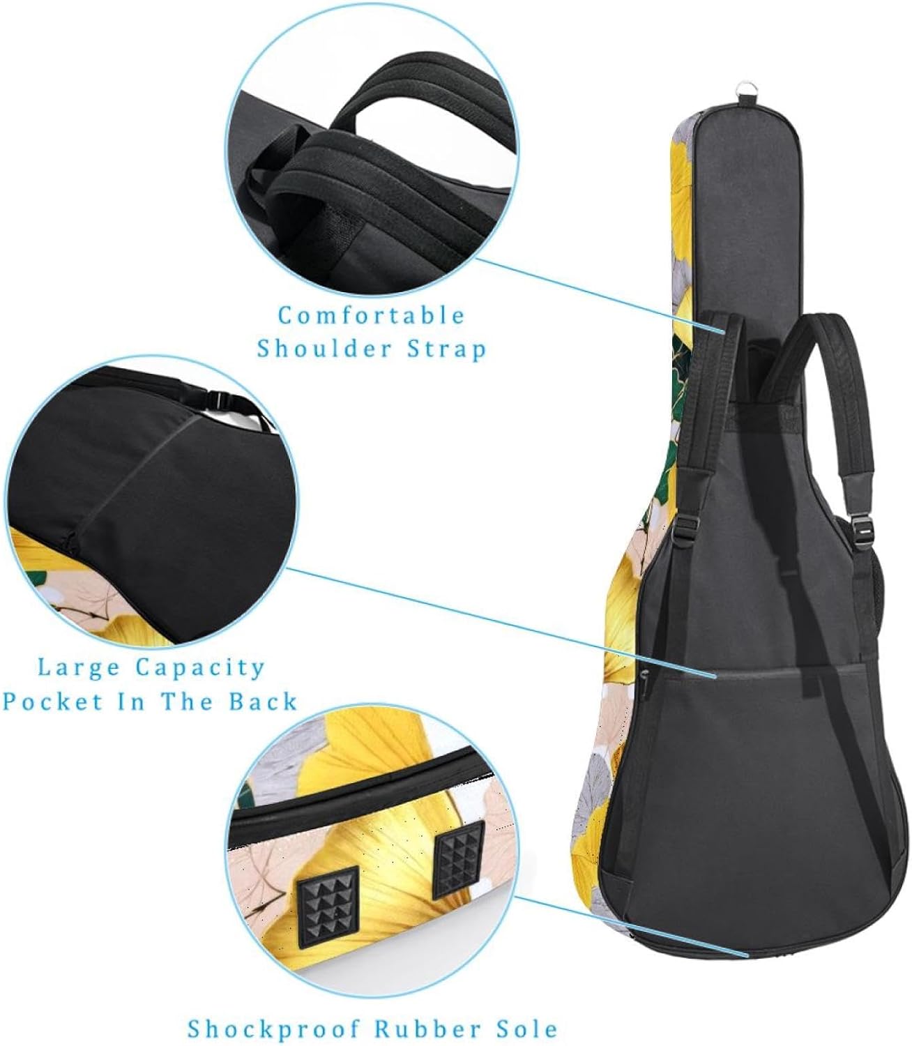 40 41 42 Inch Guitar Bags, Waterproof Padded Acoustic Guitar Case Backpack with Adjustable Shoulder Strap & Pockets, Gold Ginkgo Biloba