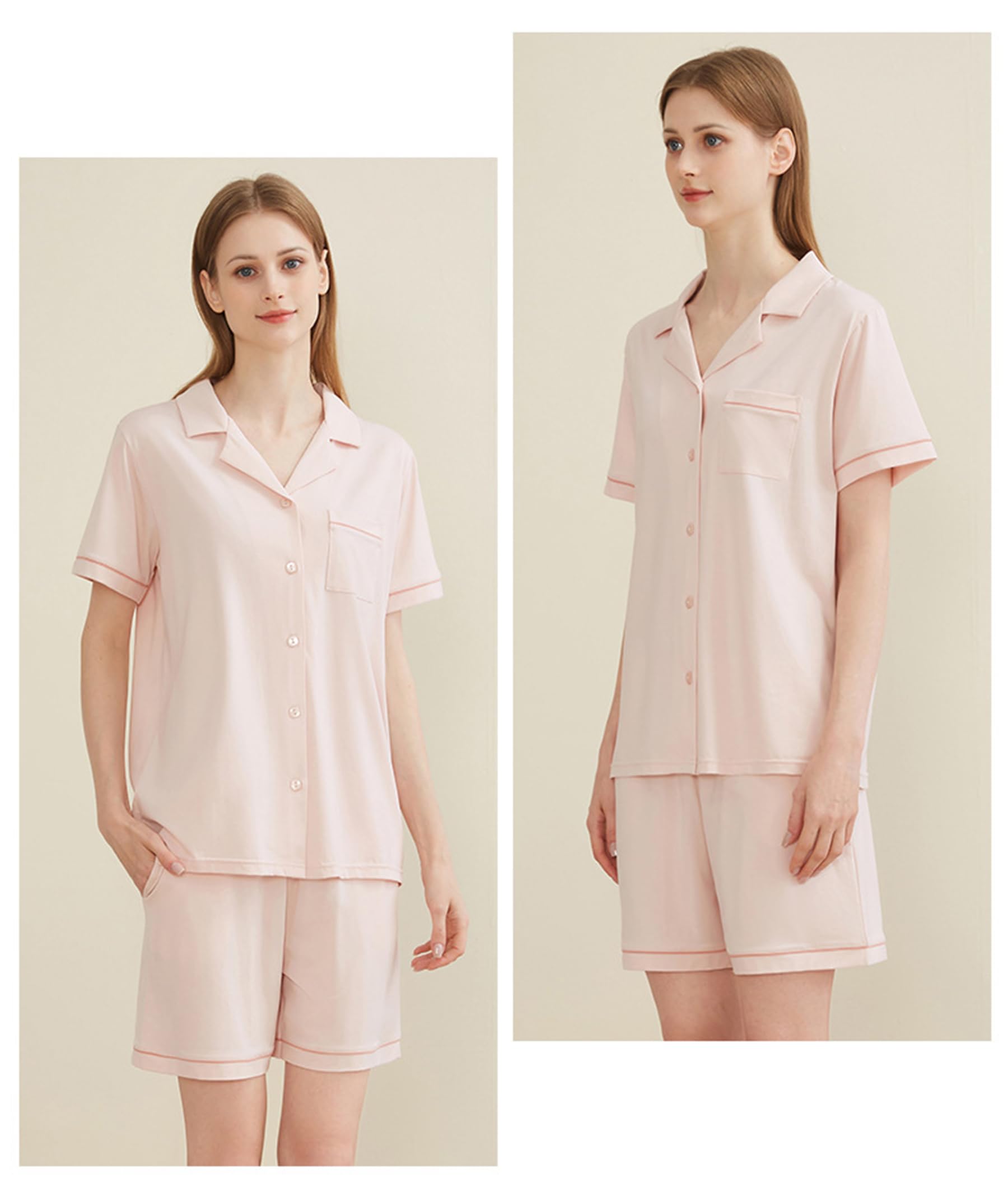 Generic Damska 2-częściowa piżama letnia cienka modalna bawełniana piżama sweter z krótkim rękawem zestaw piżam,Light pink,L