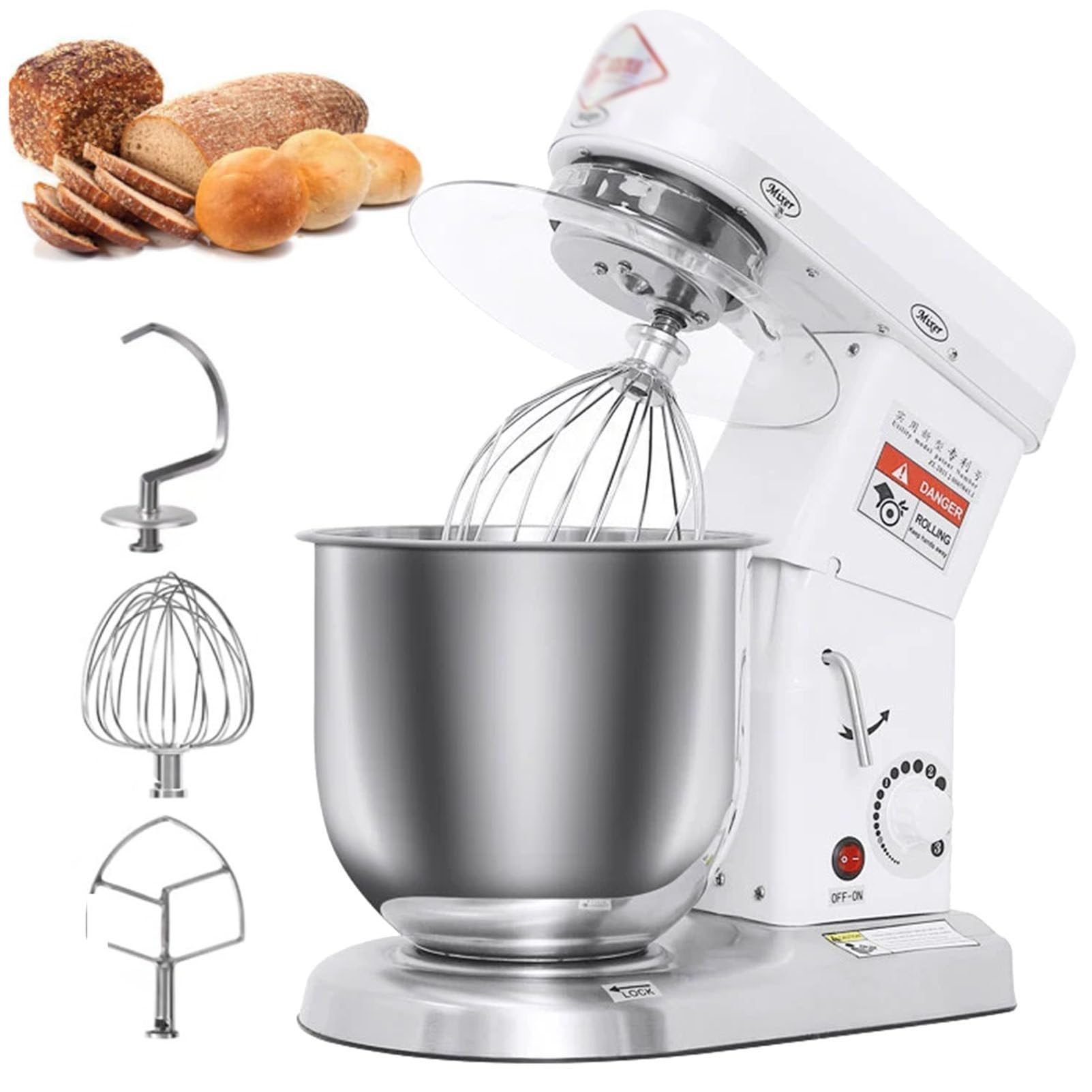 Oiyekntd Commercial Food Mixer, Large Capacity Stand Mixer, Kitchen Electric Mixer with Dough Hook+Mixing Hook+Egg Beater, for Schools, Bakeries, Restaurants, Pizzerias White-7L
