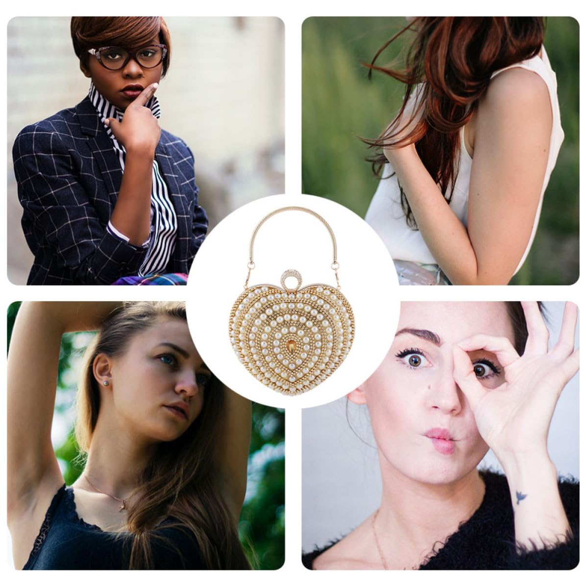 PRETYZOOM Borsetta da Sera Elegante a Forma di Cuore con Decorazioni Brillanti, Borsa Donna in Poliestere e Metallo, Piccola Pochette Oro per Party e Bar