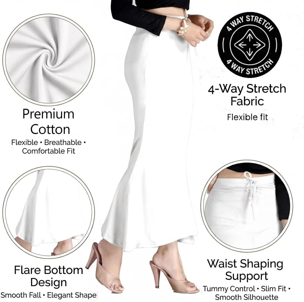 Chandrakala Cotton Saree Shapewear for Women Seamless Stretchable Mermaid Sari Shaper Petticoat Girls Ivory White,Small (S117WHI2)