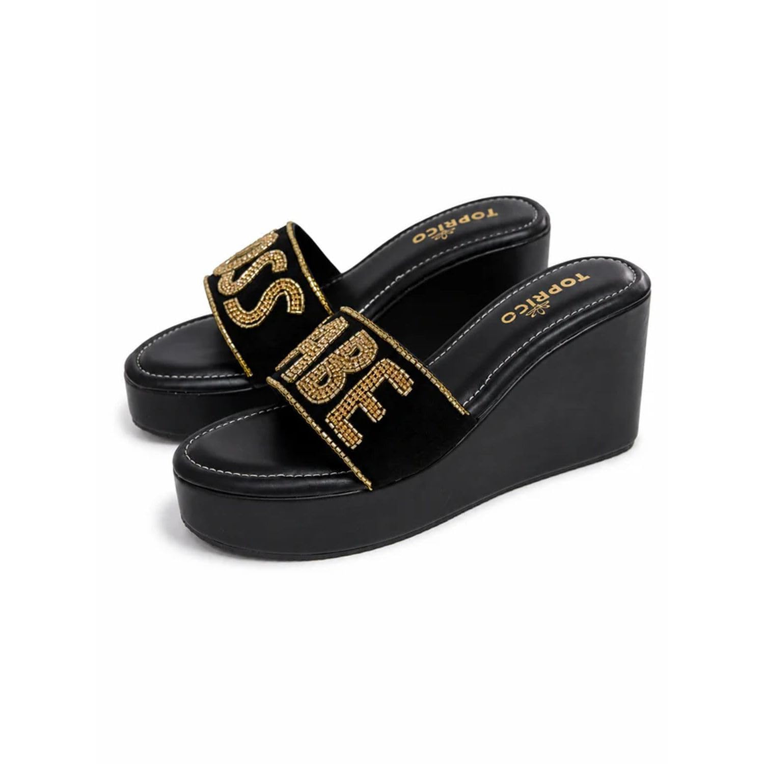 Women Black Embroidered Wedge Platform Heels Sandal Cushion Party | 273-image-43