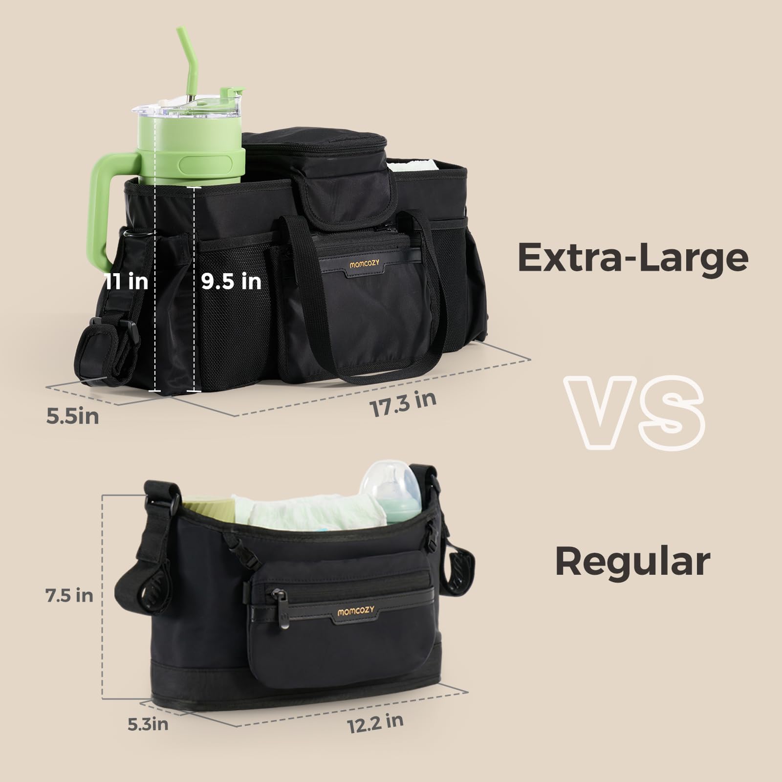 Momcozy Organiseur de poussette extra large | avec sac de dentition de qualité alimentaire | 2 porte-gobelets isothermes | sangles antidérapantes en silicone | utilisation à 3 voies | Petite pochette