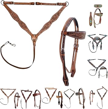 Majestic Ally Tooled Leather Western Headstall & Breast Collar Set Handcrafted Leather, Classic Western Tack, Multiple Styles & Designs