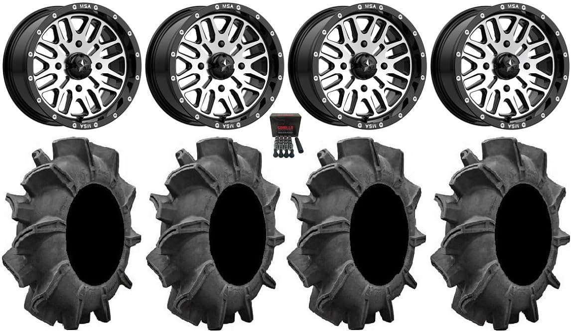 Bundle - 9 Items: MSA Mach Brute 14" ATV Wheels 29.5" Assassinator Tires [4x110 Bolt Pattern 10mmx1.25 Lug Kit]