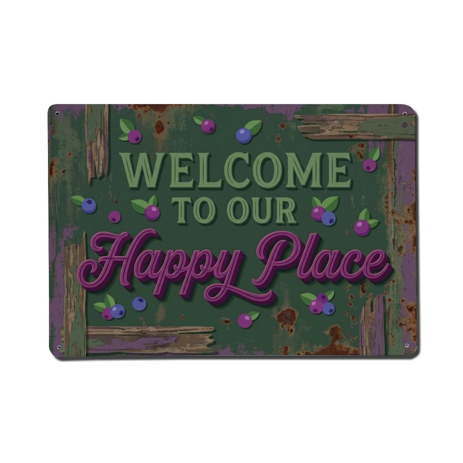 Welcome To Our Happy Place Juneberry Garden Metal Tin Sign Plaque Wall Decor for Cafe, Club Bar, Office, Home Garden Metal Poster 8x12Inch