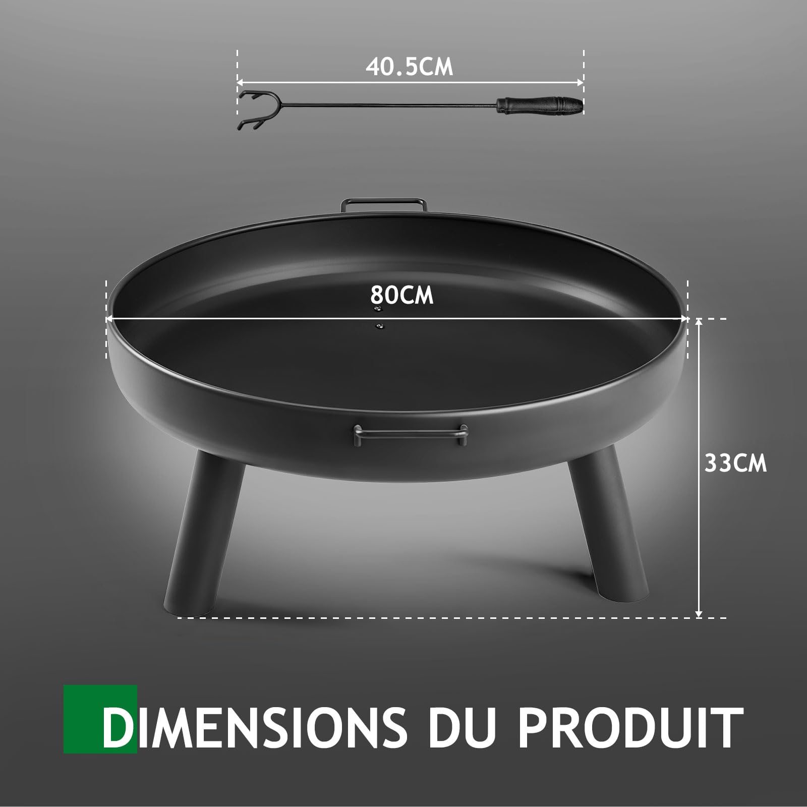 LEADZM Brasero Ø80 cm en Fer | avec 2 Poignées Stables + Crochet À Feu, Panier À Feu pour Bois & Charbon, Bac À Feu comme Foyer pour Jardin Terrasse Extérieur Feu De Camp,Noir