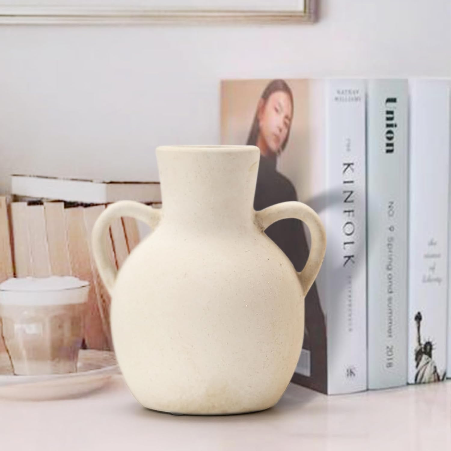 SIDUCAL Rustic Ceramic Farmhouse Flower Vase with 2 Handles, Terracotta Vase, Decorative Pottery Flower for Home Decor, Table, Wedding, Living Room, Shelf Decor, 7.3 Inch, White - Image 3