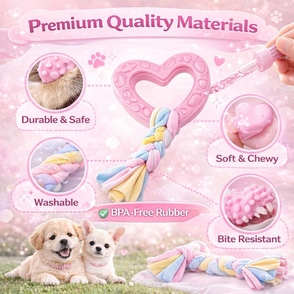 Paquete de 6 juguetes de dentición para cachorros, juguetes para perros pequeños para razas pequeñas, bonitos juguetes masticables de goma rosa, esenciales para cachorros, el mejor cumpleaños