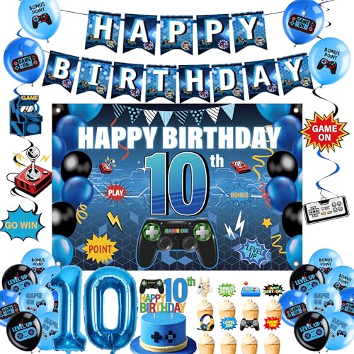 Gaming 10th Birthday Decorations Boy - 31 Pcs Video Game Party Decoration including Banners, Hanging Swirls, Number 10 Foil Balloon, Backdrop and Latex Balloons for Kids 10 Years Old Party Supplies