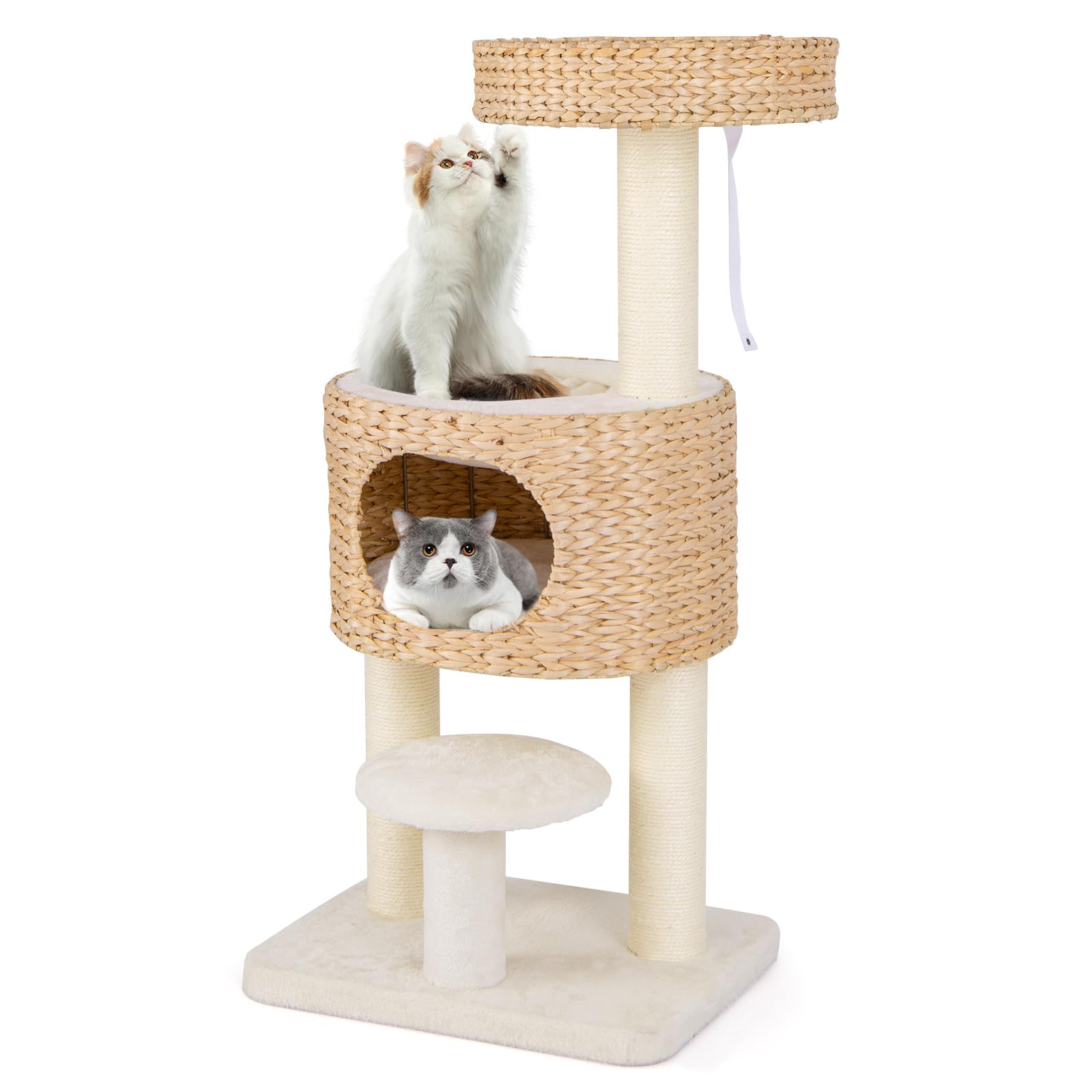 Tangkula Modern Cat Tree, 41 Inch Multi-Level Cat Tower with Cattail Fluff Condo & Top Perch, Hanging Toy, Bed, Removable Cushion, Sisal Scratching Posts for Indoor Cats, Natural