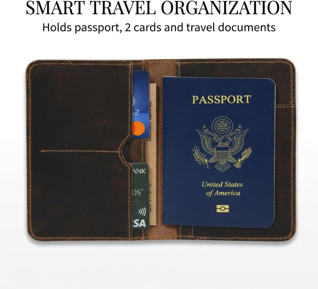 Rustique Leather Passport Holder Collection - Handmade Travel Wallet & Organizer - Full Grain Crazy Horse Leather Covers for Men & Women (Multiple Styles) (Smoky Bourbon)
