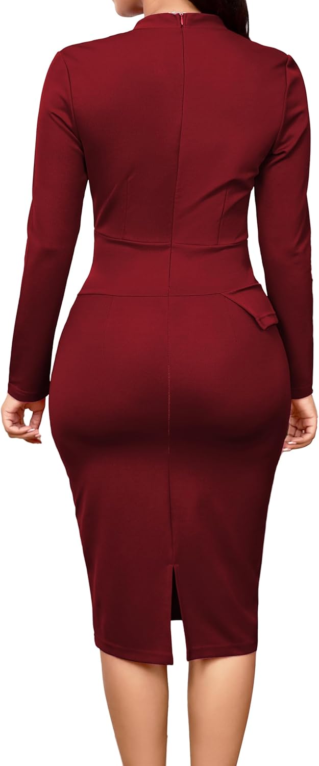 Oxgmoky Women's Elegant Dresses Work Business Dress Bodycon Long Sleeve Pencil Dress - Image 2