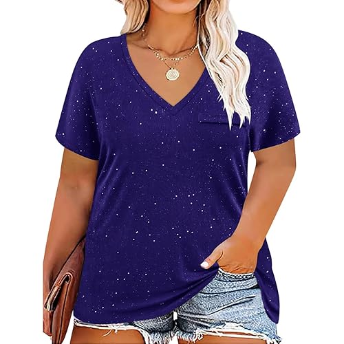 RITERA Plus Size Tops for Women Oversized Summer Basic V Neck Short Sleeve Henley Shirt Casual Tunic Shirts XL-5XL