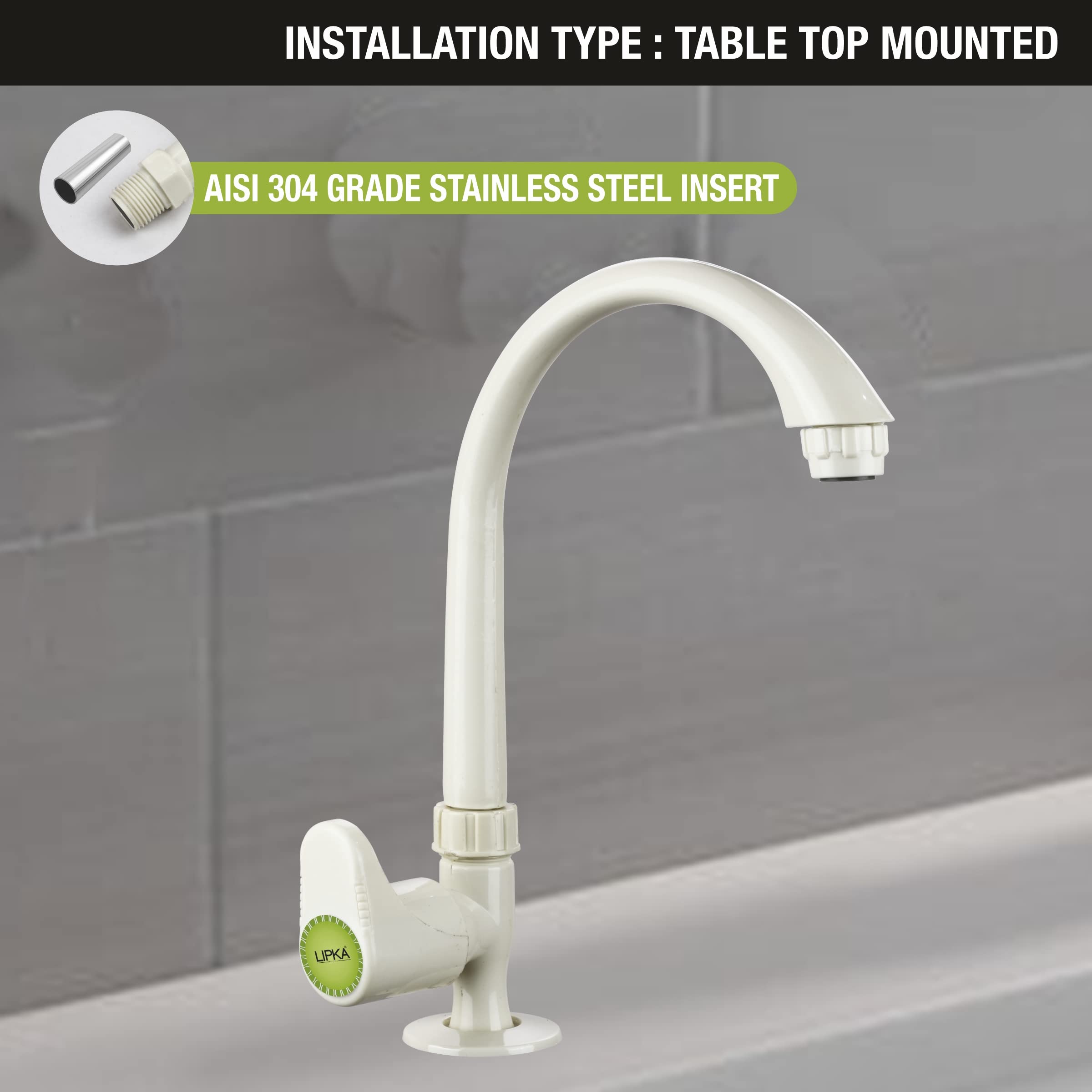LIPKA Designo Swan Neck Swivel Spout Faucet Sink Cock | Wall Mount Sink for Kitchen | Wash Basins | Swan Long Neck Faucet | Plastic for Kitchen/Bathroom | Plastic Water | Lvory 2