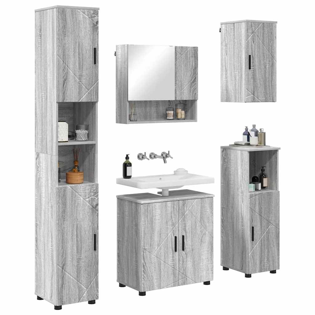 Moderno juego de muebles de baño de 5 piezas, tablero de partículas Sonoma gris y acero, incluye espejo de cristal para toallas y artículos de tocador, incluye lavabo de cerámica para