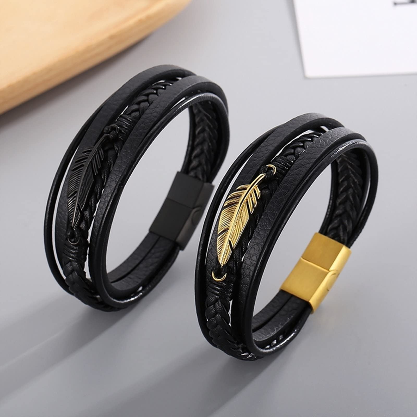 Pulseras de Fiesta, Pulsera de Cuero PU con, Pulseras Navideñas de Cuero Tejido para Hombre, Acero Inoxidable con Cierre Magnético, Regalos BFF, 21 centímetros, Piel Sintética, Sin Circonitas