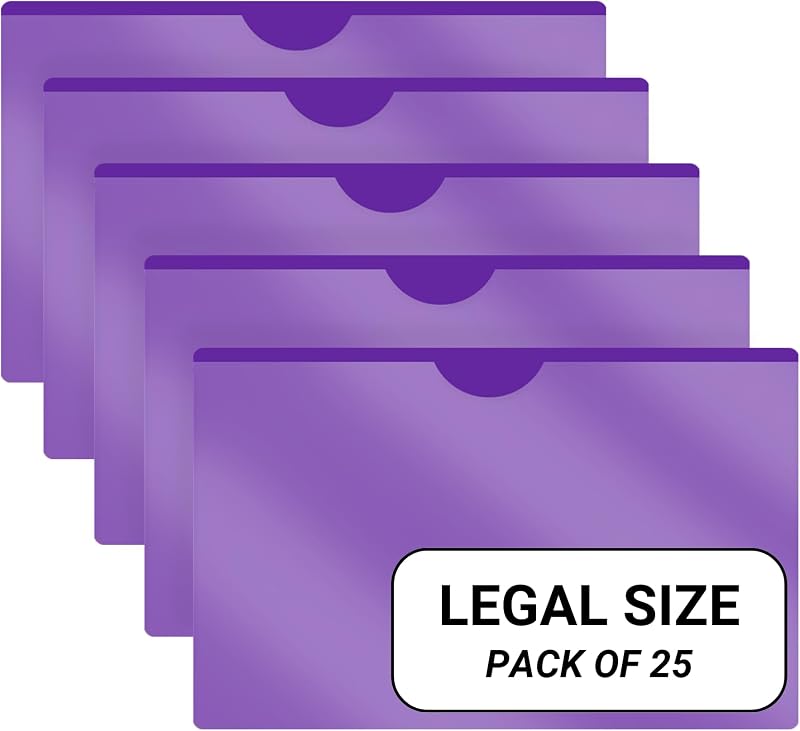 Doctor Stuff- Paquete de 25 carpetas de bolsillo de plástico de vinilo con lados cerrados, tamaño legal, campera de trabajo de carga frontal transparente, soporte para documentos para oficina, escuela secundaria y archivos médicos, color morado