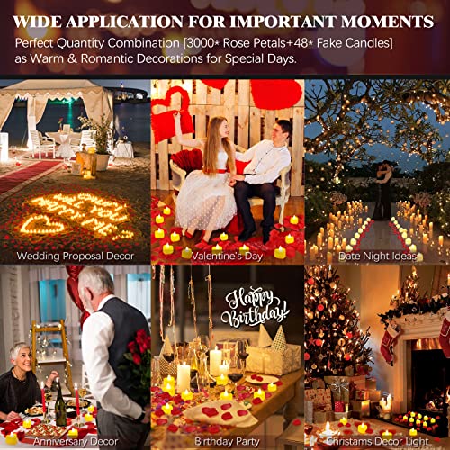 Vipbuy 3000 Pieces Artificial Rose Petals With 48 Pcs Heart Flameless Led Candles Battery Led Tea Lights Candles Set For Special Night Valentine's Day Wedding Anniversary Marry Me Romantic Decoration #TOP3