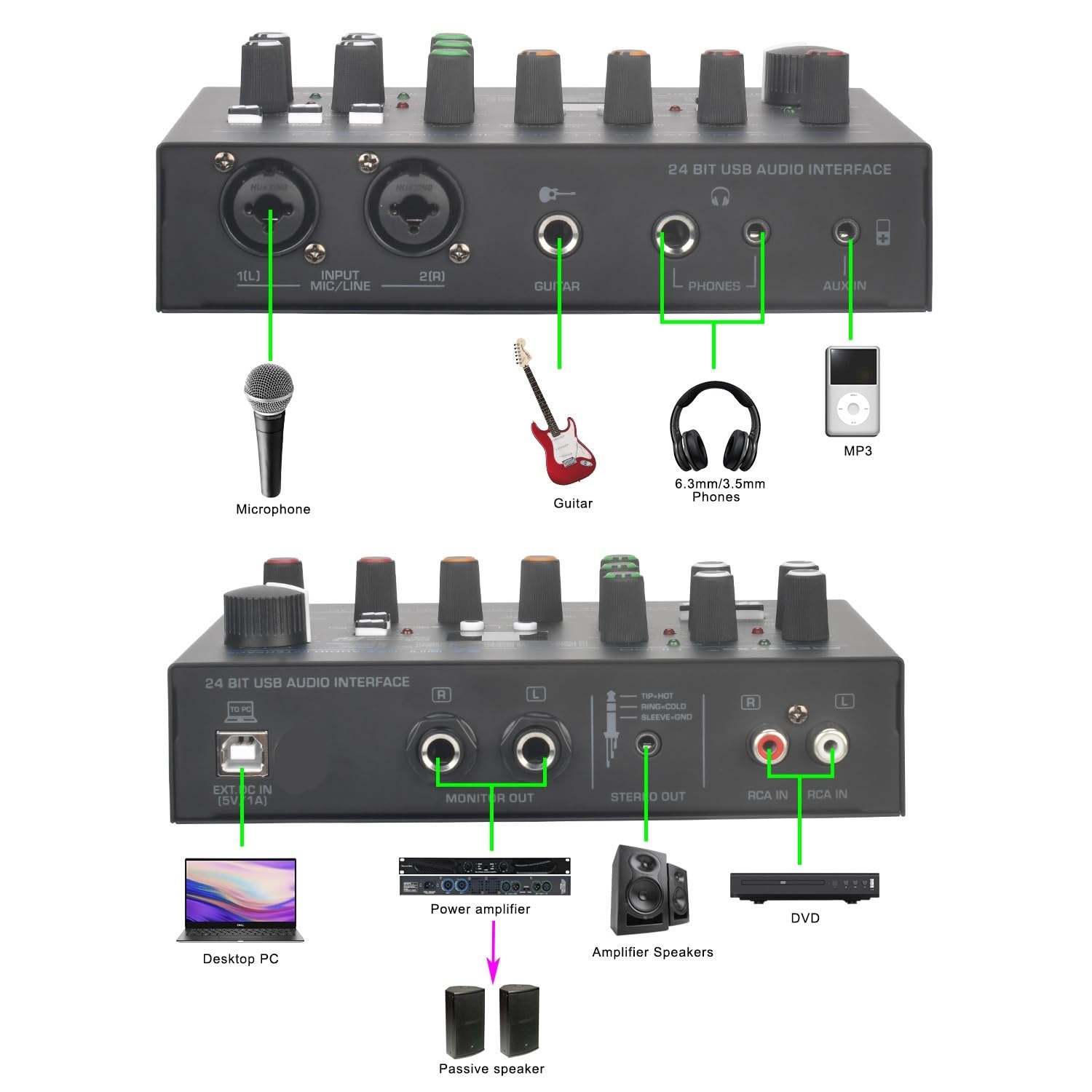 Interface Audio d'enregistrement de guitare à 5 canaux, 24 effets, égaliseur 3 bandes, 48V, Studio externe sans pilote