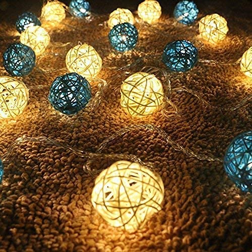 Rattan Ball String Lights, 3M 20LED Indoor String Lights Rattan Ball Fairy String Lights Globe Rattan Ball String Lights for Home Garden Battery Operated (Warm+Blue)