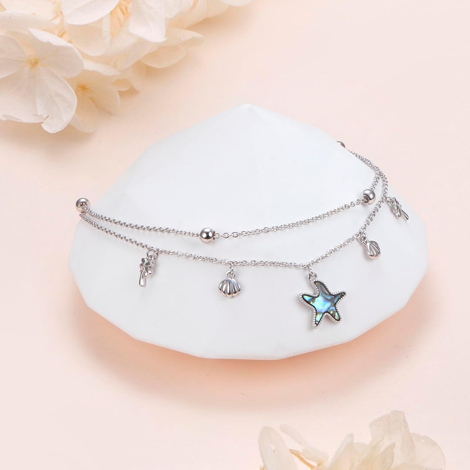 S925 Sterling Silver Starfish Shell Anklet Bracelet Summer Seabeach Jewelry Gifts for Women