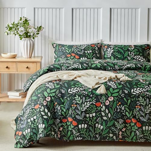 Image of Lekesky King Size Reversible Duvet Cover, Duvet Cover King Size 3 Piece Romantic Garden Microfiber Botanical Bedding Set with Zipper Closure Corner Ties