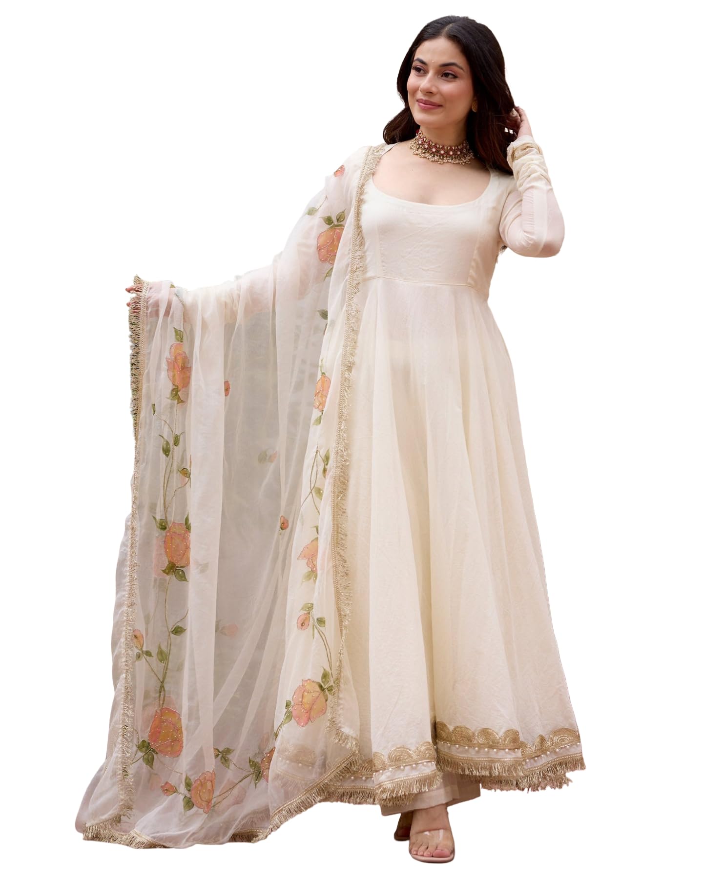 The Red Lion Enterprise Women’s Ivory Color Anarkali Kurti Set in Georgette with Pant and Embroidered Dupatta Party Wear, Ivory Off White, XL — image 1