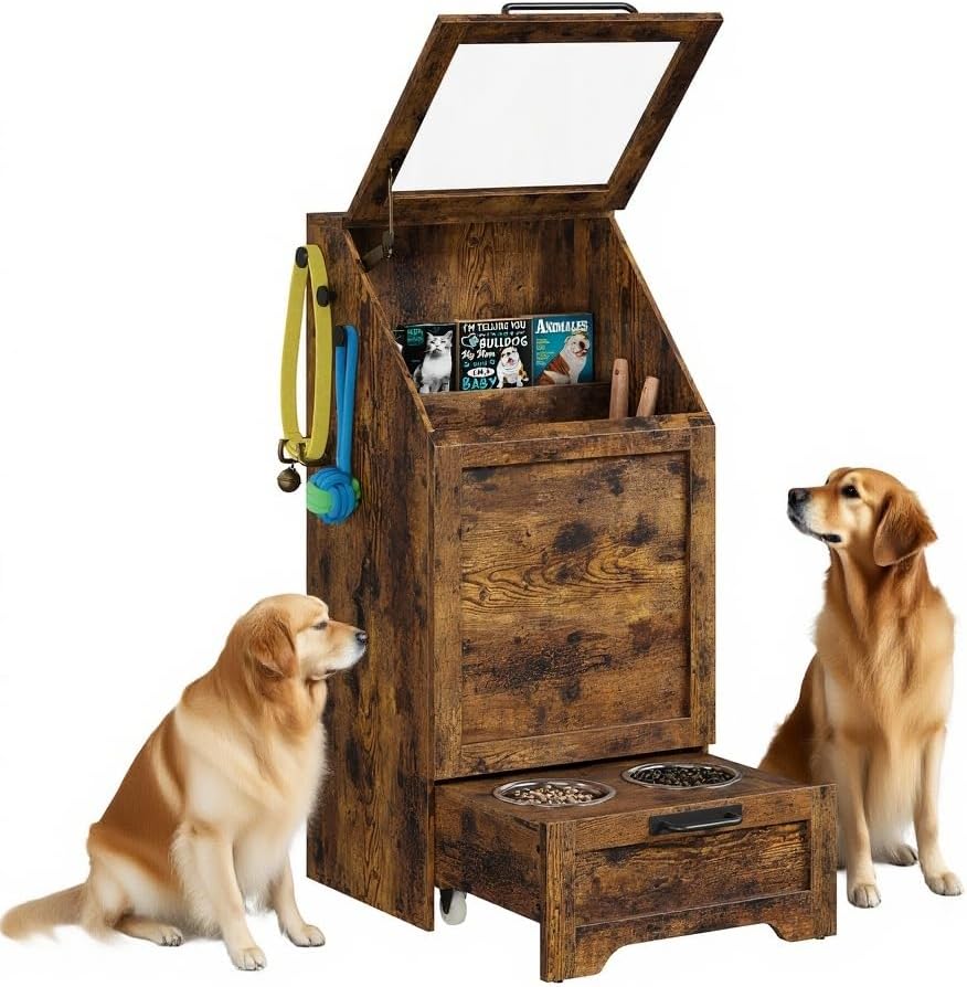 Dog Feeding Station, with Pet Feeding Station,Flip Top Dog Food Storage Cabinet, 2 Elevated Bowls, Includes 3 Hooks for Accessories – Space-Saving Design, Brown