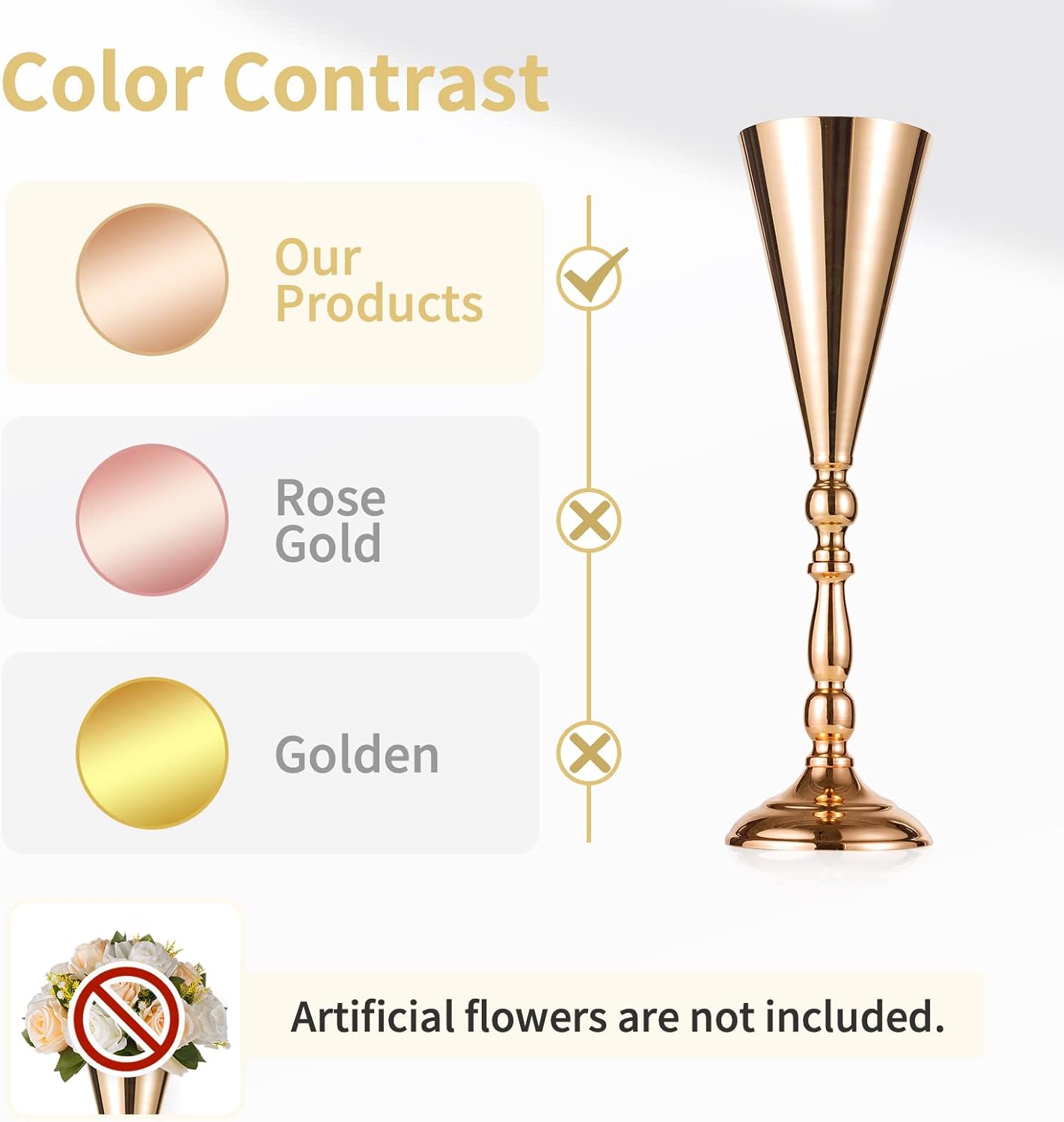 10 Pcs Tabletop Gold Metal Wedding Flower Trumpet Vase, 16.5 inch Table Decorative Centerpiece Artificial Flower Arrangements for Anniversary Ceremony Party Birthday Event Home Decoration (Gold)